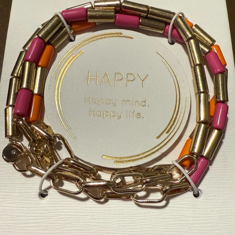 Unwritten HAPPY Mind Happy Life 14k gold flash Plated Beaded Bracelet NEW